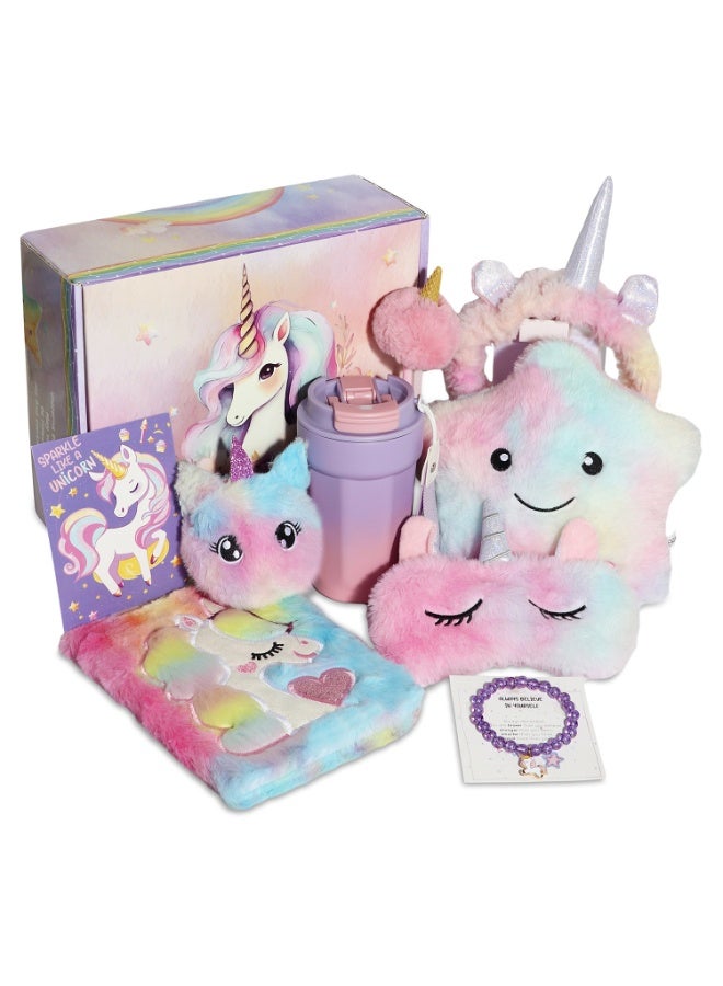 مجموعة هدايا يونيكورن للبنات من 4-12 سنة – 10 قطع ألعاب يونيكورن سحرية مع وسادة نجمة LED، كوب معزول، دفتر يوميات، قناع للعين، أساور وعصابة رأس – هدايا أعياد الميلاد ويوم الطفل والعطلات - Image 1