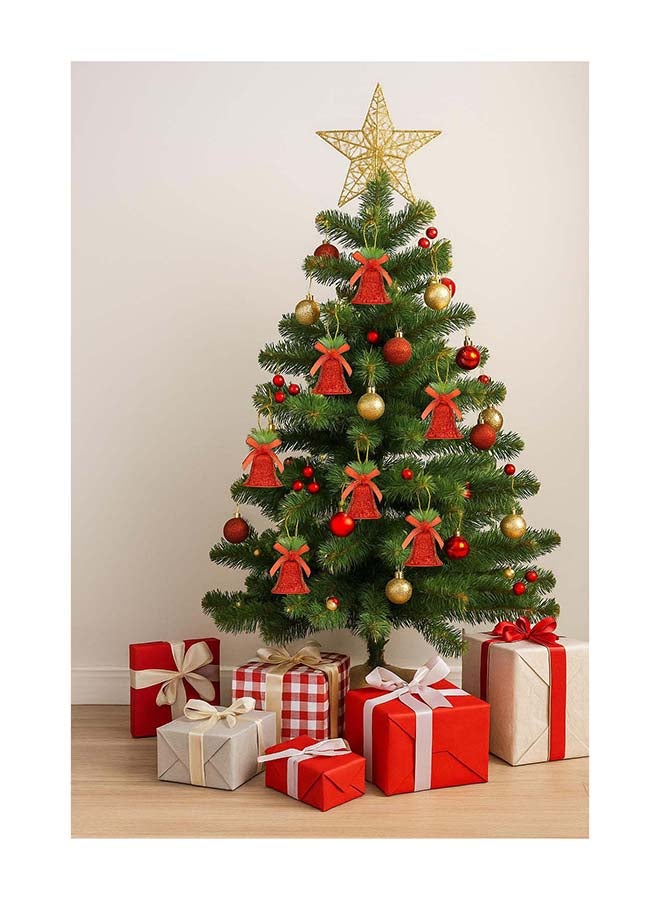 6pc Small Red Bell-Shaped Christmas Tree Hanging Ornaments with Green Leaves & Red Ribbon Bows - Image 2