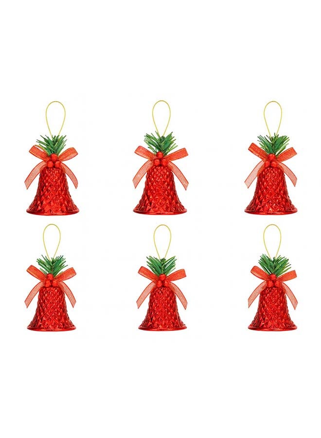 6pc Small Red Bell-Shaped Christmas Tree Hanging Ornaments with Green Leaves & Red Ribbon Bows - Image 1