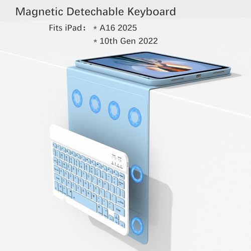Divufus Keyboard Case for iPad 11th Generation (A16) 2025, for iPad 10th Generation 2022 [Magnetic Detachable Wireless Keyboard][Support 3 System] Folio Case with Pencil Holder, Light Blue - Image 3