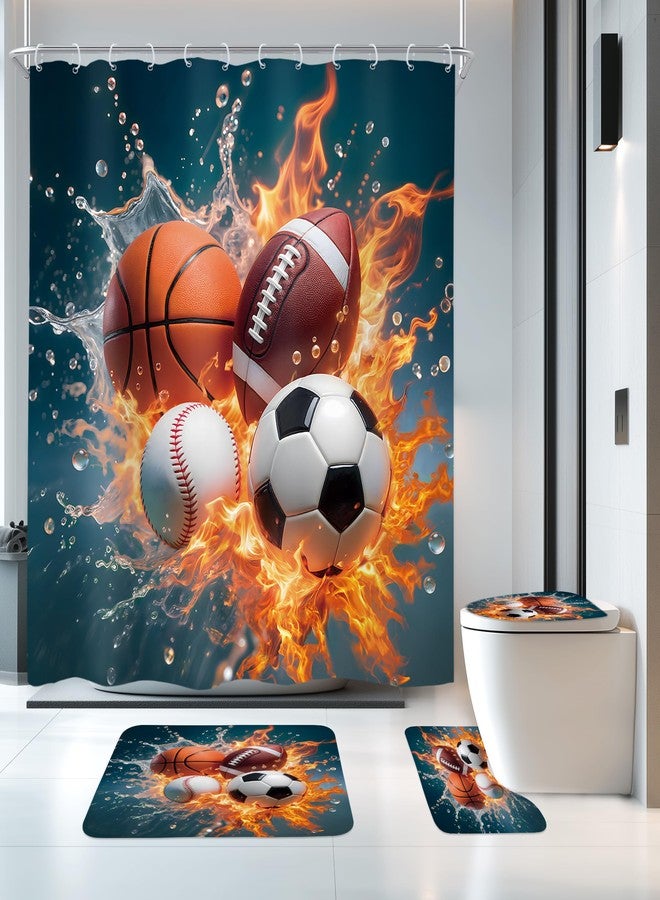 Newsely 4Pcs Sports Shower Curtain Set with Non-Slip Rugs, Toilet Lid Cover and Bath Mat,Balls Boys Basketball Football Baseball Shower Curtain with 12 Hooks,Kids Bath Curtain for Bathroom Decor - Image 2