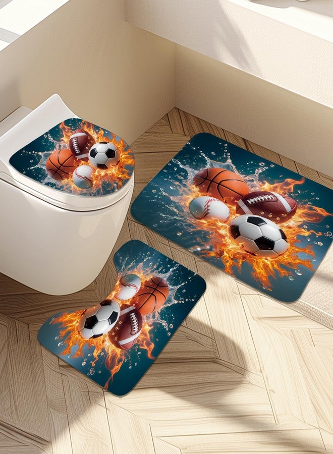 Newsely 4Pcs Sports Shower Curtain Set with Non-Slip Rugs, Toilet Lid Cover and Bath Mat,Balls Boys Basketball Football Baseball Shower Curtain with 12 Hooks,Kids Bath Curtain for Bathroom Decor - Image 4