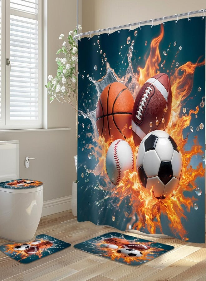 Newsely 4Pcs Sports Shower Curtain Set with Non-Slip Rugs, Toilet Lid Cover and Bath Mat,Balls Boys Basketball Football Baseball Shower Curtain with 12 Hooks,Kids Bath Curtain for Bathroom Decor - Image 3