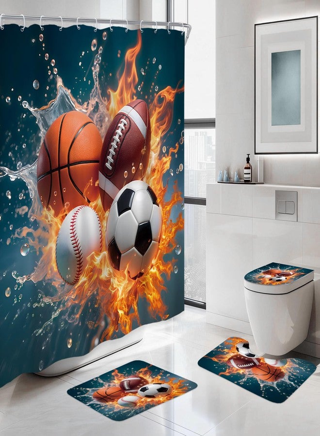 Newsely 4Pcs Sports Shower Curtain Set with Non-Slip Rugs, Toilet Lid Cover and Bath Mat,Balls Boys Basketball Football Baseball Shower Curtain with 12 Hooks,Kids Bath Curtain for Bathroom Decor - Image 1