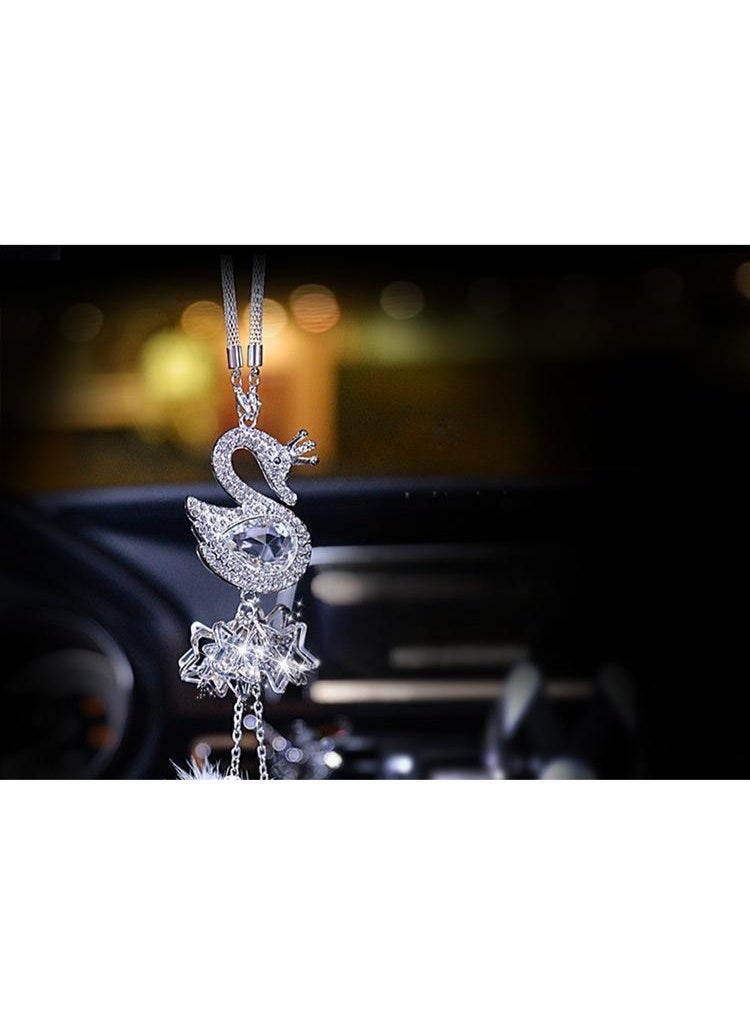 زينة سيارة داخلية، مرآة الرؤية الخلفية، قلادة بوم بوم من ريش البجعة، إكسسوارات سيارة قطيفة مزينة بالألماس، زينة سيارة إبداعية - Image 2