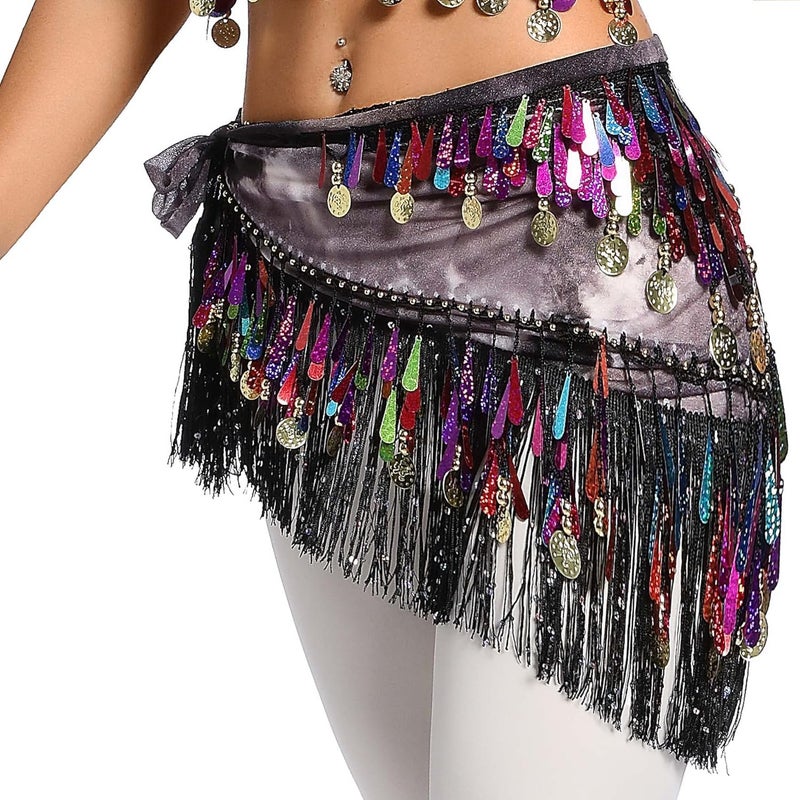 Lauthen.S Belly Dance Hip Scarf with Tassels Sequins, Triangle Coins Wrap Skirt Music Festival Clothing - Image 5