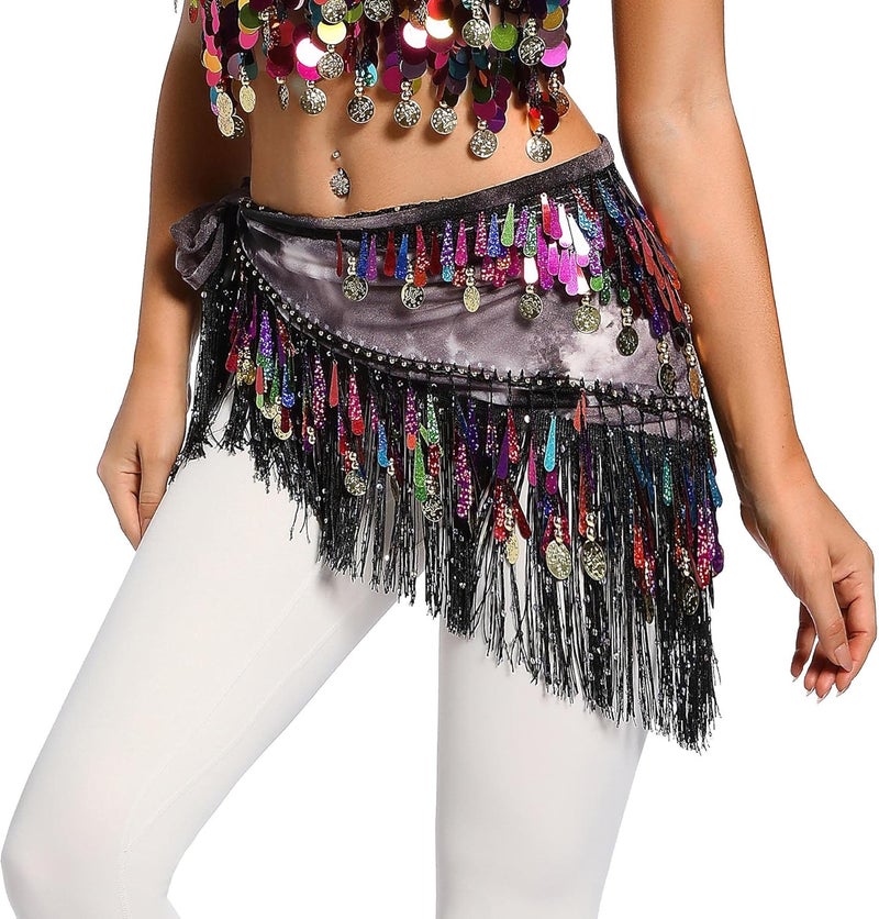 Lauthen.S Belly Dance Hip Scarf with Tassels Sequins, Triangle Coins Wrap Skirt Music Festival Clothing - Image 1