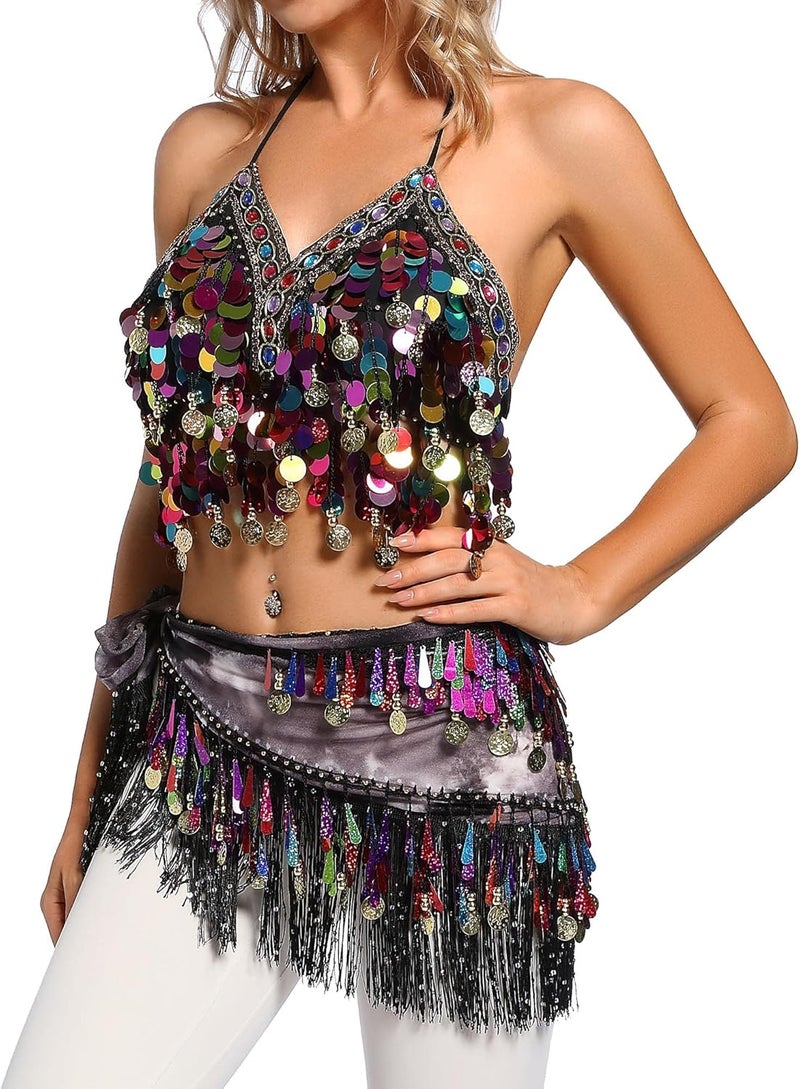 Lauthen.S Belly Dance Hip Scarf with Tassels Sequins, Triangle Coins Wrap Skirt Music Festival Clothing - Image 4