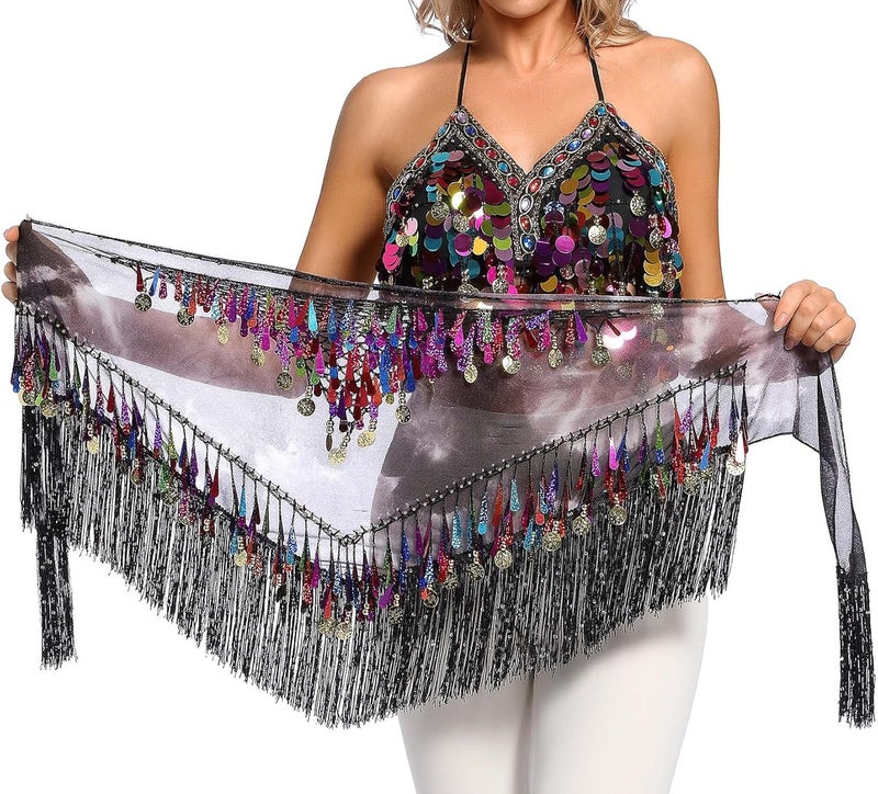 Lauthen.S Belly Dance Hip Scarf with Tassels Sequins, Triangle Coins Wrap Skirt Music Festival Clothing - Image 3