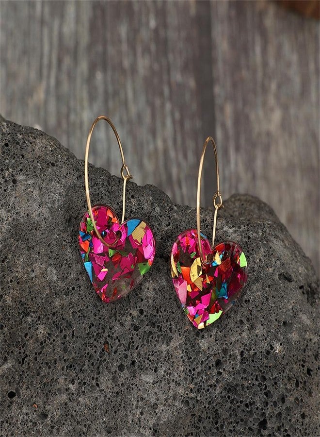 Pingyongchang Shiny Love Dangle Earrings Acrylic Heart Shaped Hoop Earrings Statement Resin Jewelry Valentines Mothers Day Gifts for Women Lovers-Deep Pink - Image 5