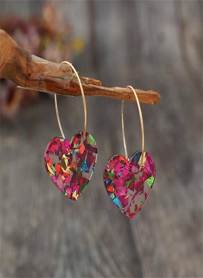 Pingyongchang Shiny Love Dangle Earrings Acrylic Heart Shaped Hoop Earrings Statement Resin Jewelry Valentines Mothers Day Gifts for Women Lovers-Deep Pink - Image 3