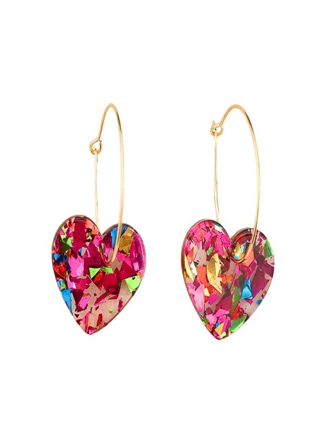 Pingyongchang Shiny Love Dangle Earrings Acrylic Heart Shaped Hoop Earrings Statement Resin Jewelry Valentines Mothers Day Gifts for Women Lovers-Deep Pink - Image 1