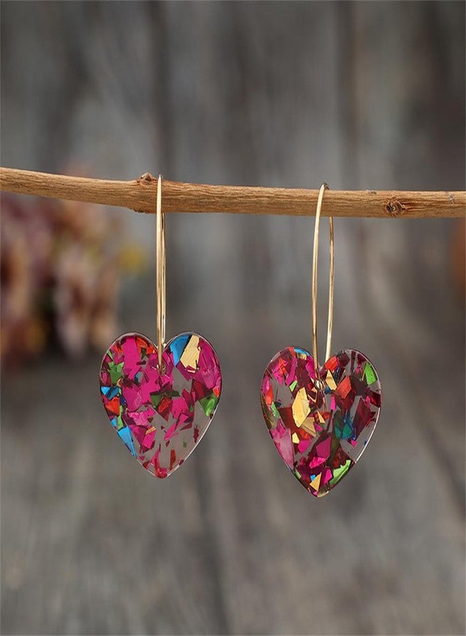 Pingyongchang Shiny Love Dangle Earrings Acrylic Heart Shaped Hoop Earrings Statement Resin Jewelry Valentines Mothers Day Gifts for Women Lovers-Deep Pink - Image 2