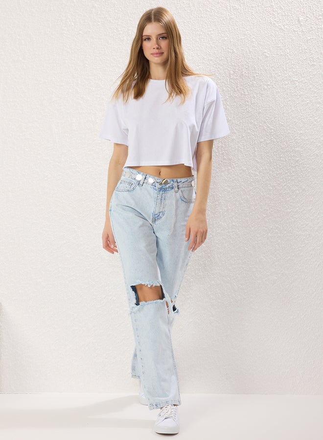 trendyol Light Blue Torn Detailed Normal Waist Wide Leg Jeans - Image 2