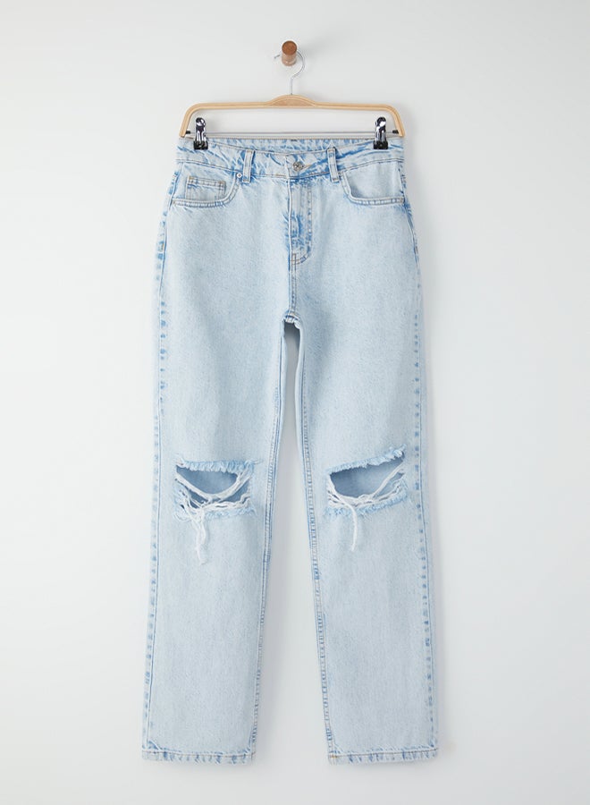trendyol Light Blue Torn Detailed Normal Waist Wide Leg Jeans - Image 5