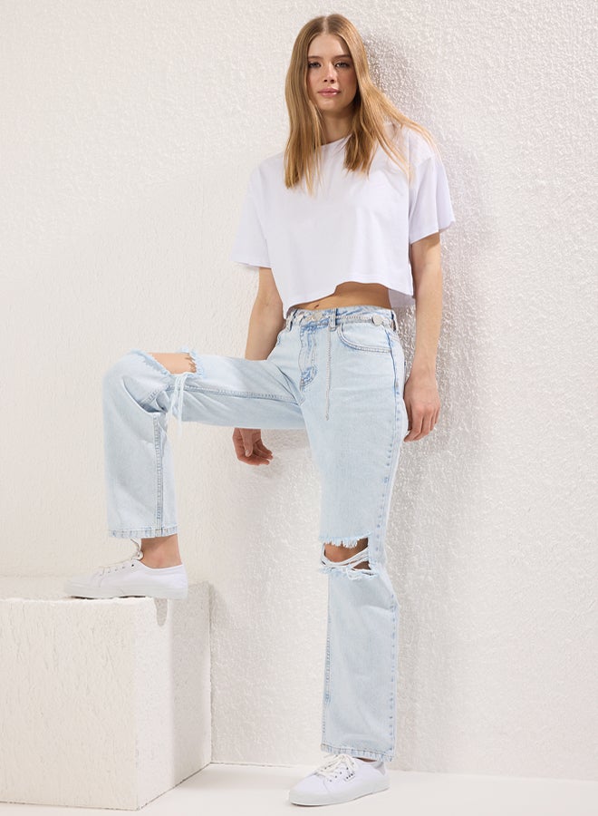 trendyol Light Blue Torn Detailed Normal Waist Wide Leg Jeans - Image 1