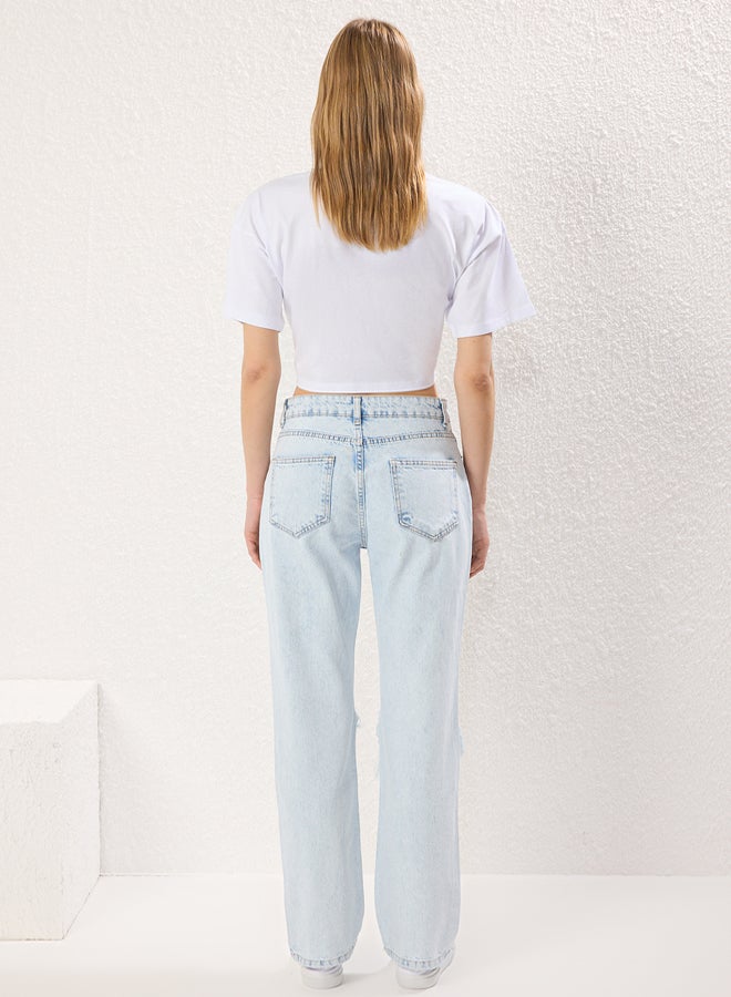 trendyol Light Blue Torn Detailed Normal Waist Wide Leg Jeans - Image 4
