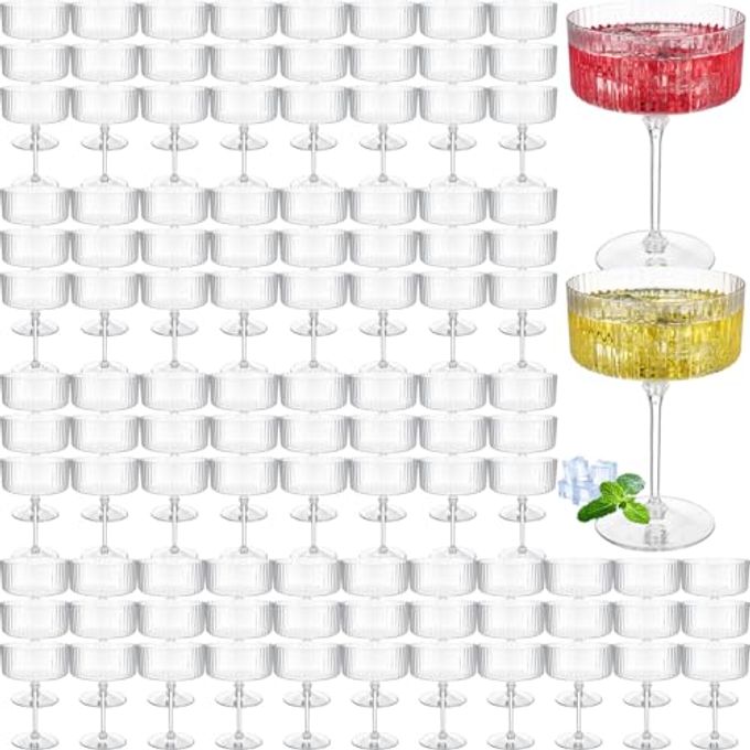 Jingmore 100 Pcs Ribbed Martini Glasses 10 oz Disposable Plastic Vintage Ribbed Coupe Glasses Unbreakable Dessert Parfait Glassware for Wedding Birthday Party Supplies (Clear)