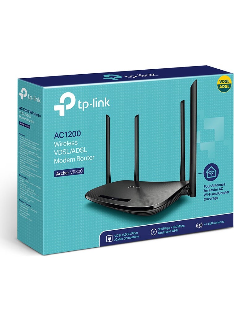 أرشر VR300، مودم راوتر مزدوج النطاق مدعوم بالألياف VDSL/ADSL بسرعة 1200 ميجابت في الثانية، 4 منافذ إيثرنت و4 هوائيات خارجية، إعداد سهل مع تطبيق تيذر