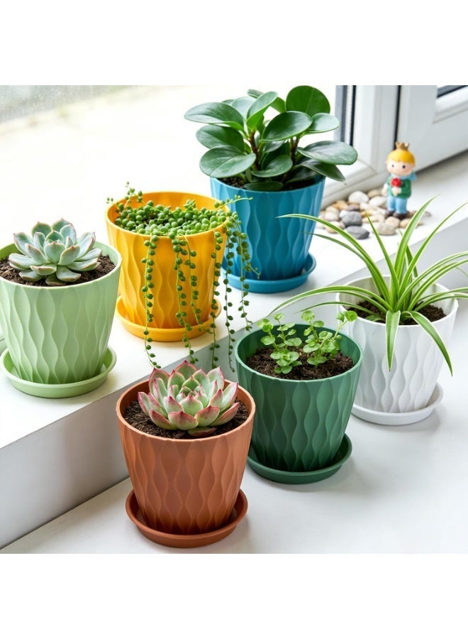 ALAMAREQ 15cm Plant Pots Indoor Outdoor, 4 Pack Decorative Flower Pots Plastic Planters Pots with Saucers & Drainage Holes, 3D Wave Texture, for Peace Lilys, Mint & House Plants, Green - Image 5