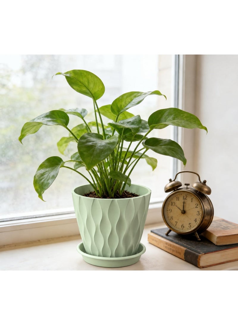 ALAMAREQ 15cm Plant Pots Indoor Outdoor, 4 Pack Decorative Flower Pots Plastic Planters Pots with Saucers & Drainage Holes, 3D Wave Texture, for Peace Lilys, Mint & House Plants, Green - Image 3