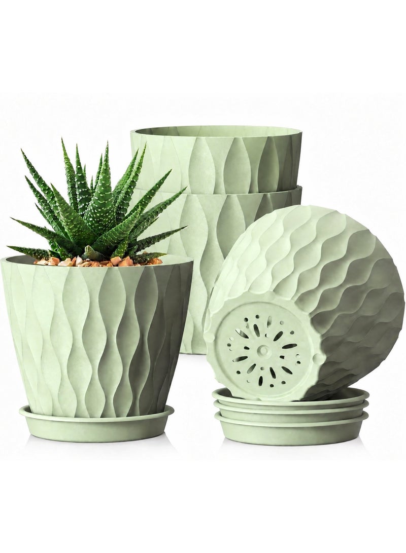 ALAMAREQ 15cm Plant Pots Indoor Outdoor, 4 Pack Decorative Flower Pots Plastic Planters Pots with Saucers & Drainage Holes, 3D Wave Texture, for Peace Lilys, Mint & House Plants, Green - Image 1