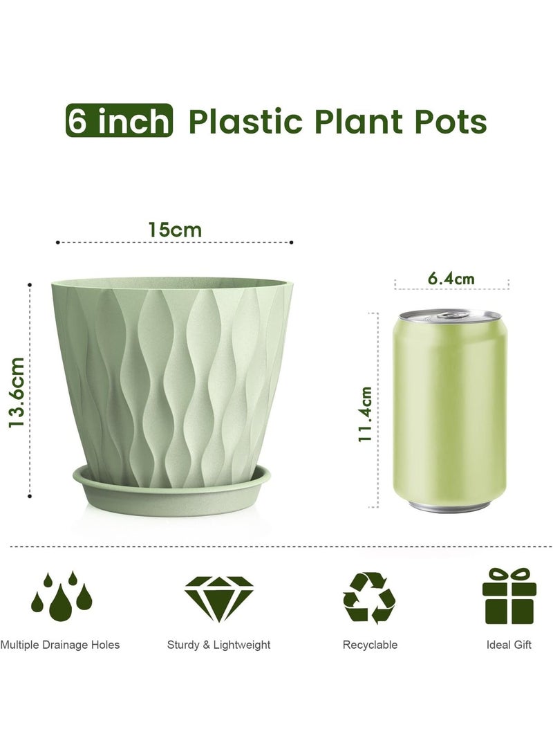 ALAMAREQ 15cm Plant Pots Indoor Outdoor, 4 Pack Decorative Flower Pots Plastic Planters Pots with Saucers & Drainage Holes, 3D Wave Texture, for Peace Lilys, Mint & House Plants, Green - Image 2