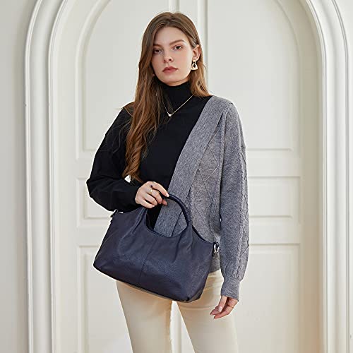 Iswee Ladies Leather Handbags and Purses Leather Bags for Women Shoulder Hand Bags Western Pocketbooks Satchel Hobo Tote Top Handle Cross Body Bag (Navy Blue) - Image 2