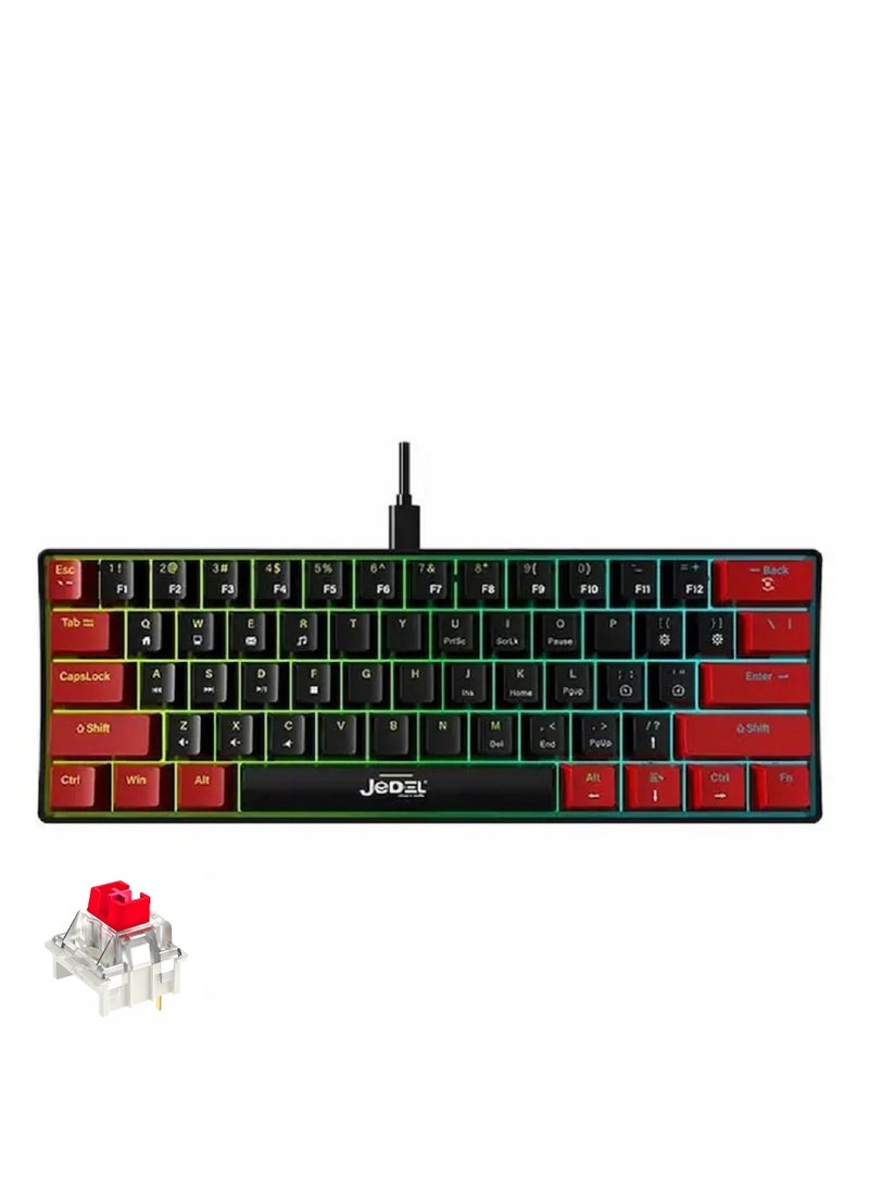 JeDEL KL69 60% Mechanical Gaming Keyboard Rainbow - Red Switches - Detchable USB C Cable - English and Arabic Keys - Image 1