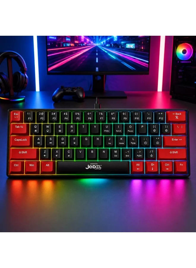 جي ديل لوحة مفاتيح الألعاب الميكانيكية KL69 بنسبة 60% - مفاتيح حمراء، إضاءة خلفية LED بألوان قوس قزح، (أسود/أحمر) - Image 2