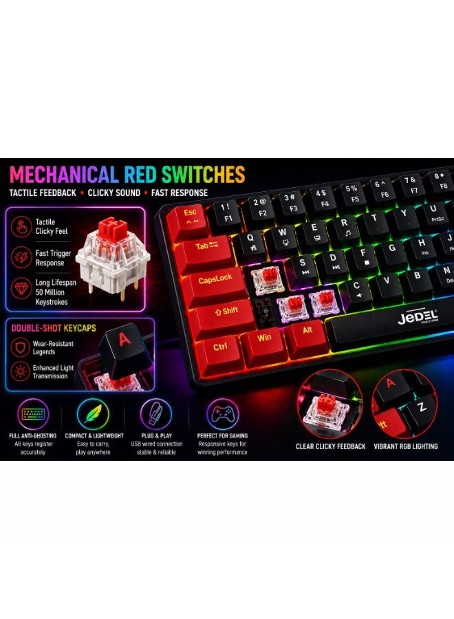 جي ديل لوحة مفاتيح الألعاب الميكانيكية KL69 بنسبة 60% - مفاتيح حمراء، إضاءة خلفية LED بألوان قوس قزح، (أسود/أحمر) - Image 4