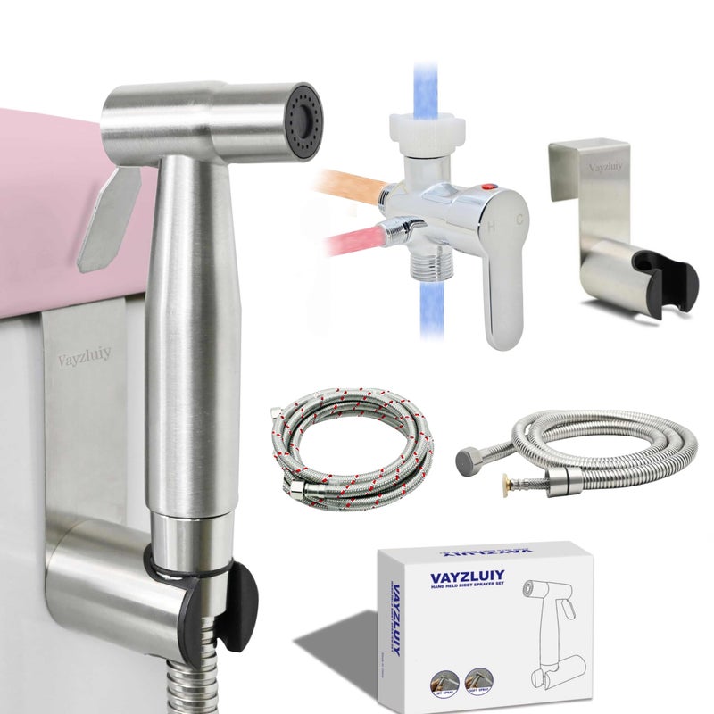 Vayzluiy Handheld Toilet Bidet Sprayer for Toilet-Adjustable Water Pressure Control with Bidet Hose for Feminine Wash, Stainless Steel Brushed Nickel Cloth Diaper for Baby Wash (Warm and Cold) - Image 1