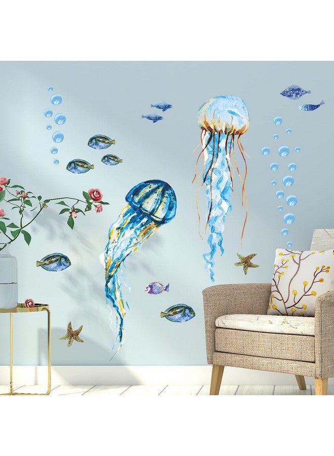 LiveGallery Creative Watercolor Jellyfish Wall Sticker Under The Sea Wall Decals Peel and Stick Removable Bubble Fish Starfish DIY Art Décor for Kids Girls Bedroom Living Room Bathroom Window Wall Decoration - Image 2