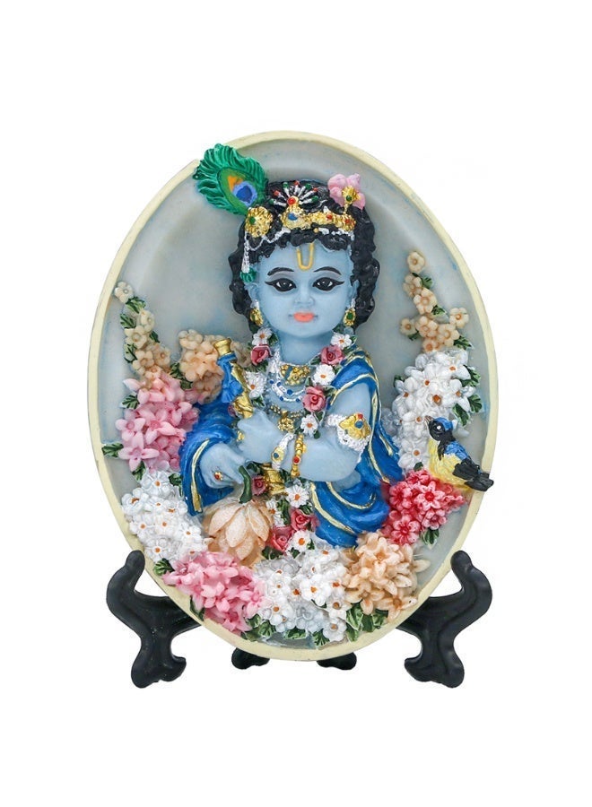 alikiki Oval-Shape Krishna Wall Hanging - 4.6”H Hindu God Lord Baby Krishna Idol with Flute Flowers Indian Polystone Murti Pooja Figurine Home Office Altar Mandir Temple Puja Decor - Image 1