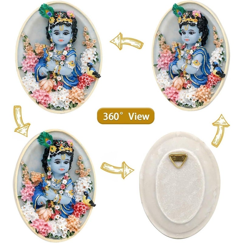 alikiki Oval-Shape Krishna Wall Hanging - 4.6”H Hindu God Lord Baby Krishna Idol with Flute Flowers Indian Polystone Murti Pooja Figurine Home Office Altar Mandir Temple Puja Decor - Image 2