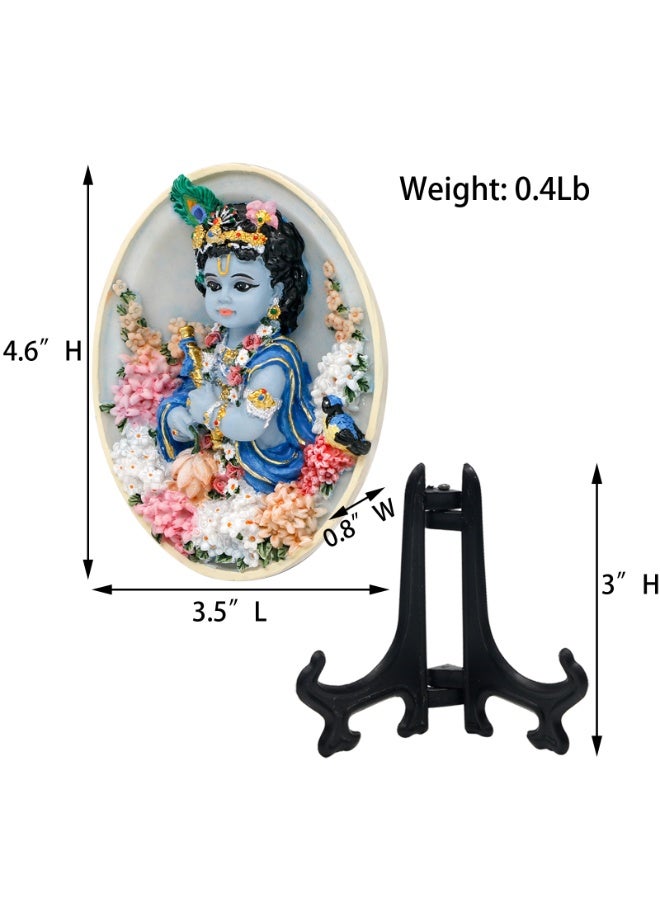alikiki Oval-Shape Krishna Wall Hanging - 4.6”H Hindu God Lord Baby Krishna Idol with Flute Flowers Indian Polystone Murti Pooja Figurine Home Office Altar Mandir Temple Puja Decor - Image 3