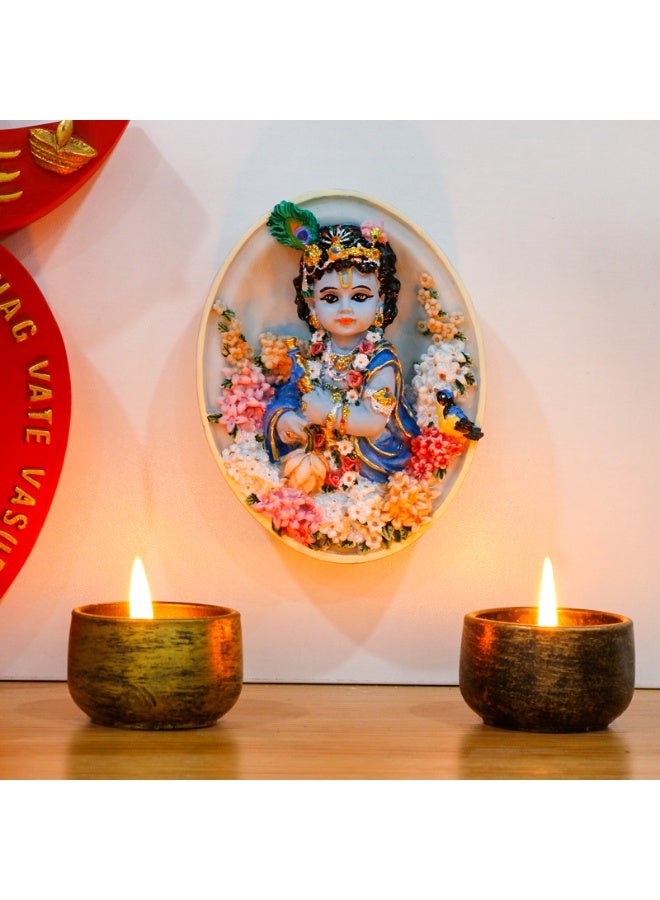 alikiki Oval-Shape Krishna Wall Hanging - 4.6”H Hindu God Lord Baby Krishna Idol with Flute Flowers Indian Polystone Murti Pooja Figurine Home Office Altar Mandir Temple Puja Decor - Image 4