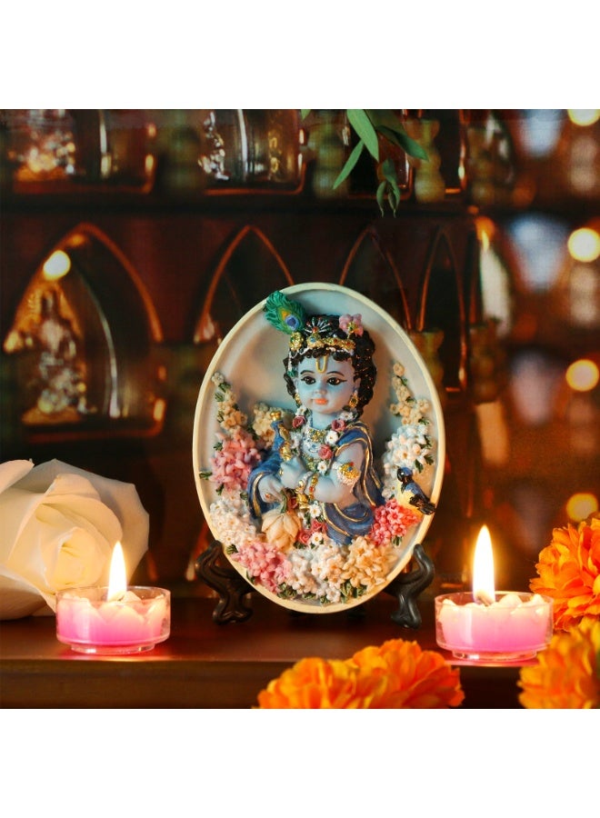 alikiki Oval-Shape Krishna Wall Hanging - 4.6”H Hindu God Lord Baby Krishna Idol with Flute Flowers Indian Polystone Murti Pooja Figurine Home Office Altar Mandir Temple Puja Decor - Image 5