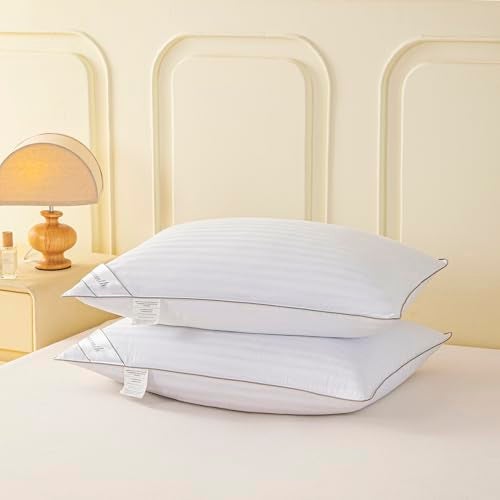 Eastwarmth Goose Feather Down Bed Pillow for Sleeping, Hotel Collection Queen Size Soft Bed Pillow,100% Cotton Cover Queen Size Stripe White 1 Pack - Image 4