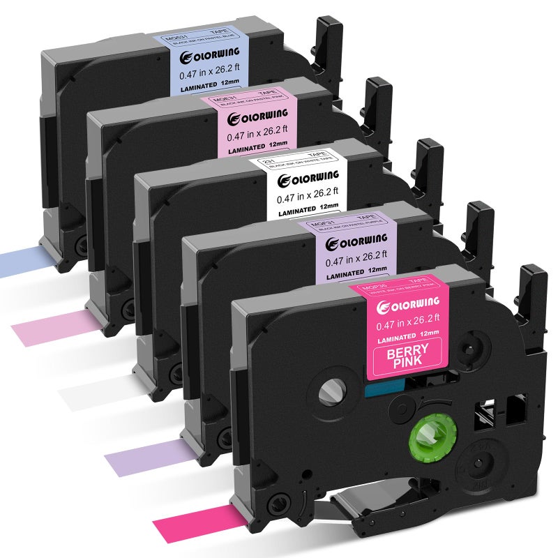 COLORWING 5-Pack Compatible Brother P Touch Label Tape TZe 12mm 0.47 Laminated TZ Tape Colored Label Maker Refills, for Brother Ptouch PT-D210 D220 H110 D400 1000 1280 Printer, White/Berry Pink/Purple/Pink/Blue - Image 1