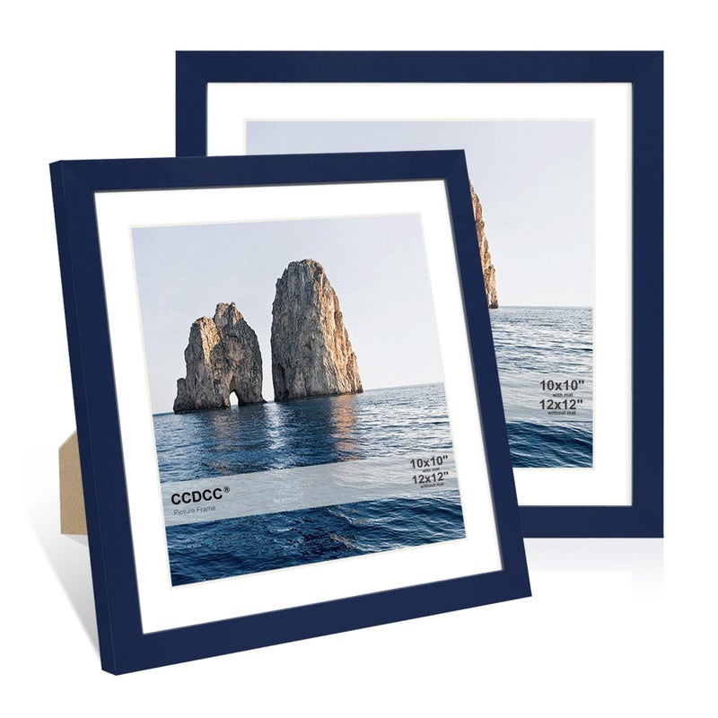 ccdcc 12x12 Picture Frame Set of 2, 12 x 12 Wood Photo Frames with Mat for 10x10 or 30x30cm Diamond Art Painting, Wooden Frame with Real Glass Cover for Wall and Tabletop Display,Blue - Image 1