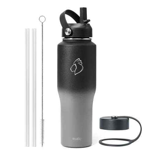 BUZIO Stainless Steel Water Bottle Vacuum Insulated (Cold for 48 Hrs, Hot for 24 Hrs),32oz Tumbler Travel Flask with Straw Lid and Flex Cap, Fit in Any Car Cup Holder - Image 1
