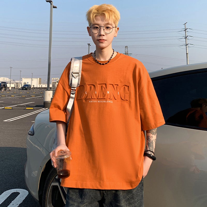Solid Color Short-Sleeved T-Shirt Men'S Summer 2025 American Letter Steel Stamped Round Neck T-Shirt Hong Kong Style Retro Casual Top T - Image 1