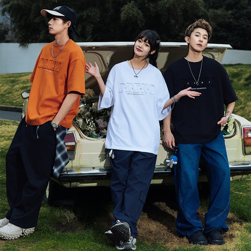 Solid Color Short-Sleeved T-Shirt Men'S Summer 2025 American Letter Steel Stamped Round Neck T-Shirt Hong Kong Style Retro Casual Top T - Image 5