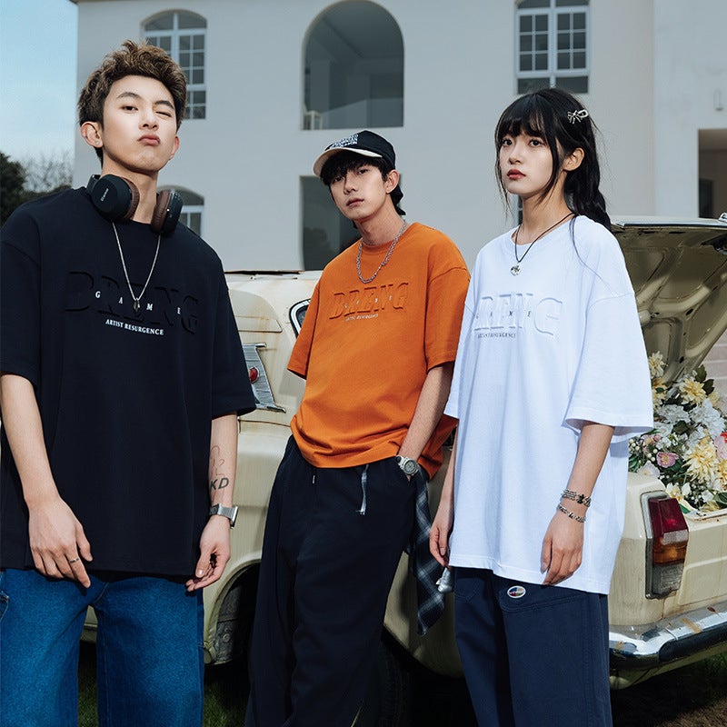 Solid Color Short-Sleeved T-Shirt Men'S Summer 2025 American Letter Steel Stamped Round Neck T-Shirt Hong Kong Style Retro Casual Top T - Image 2