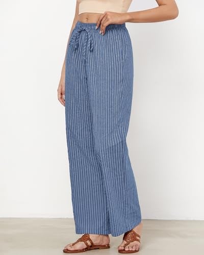 GRAPENT Flowy Pants for Women Boho Vacation Outfits for Women Linen Pants Summer Womens Casual Women's Casual Womans Denim Blue Stripe Size Small US 4 to 6 - Image 3