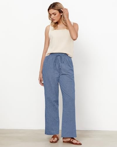 GRAPENT Flowy Pants for Women Boho Vacation Outfits for Women Linen Pants Summer Womens Casual Women's Casual Womans Denim Blue Stripe Size Small US 4 to 6 - Image 4