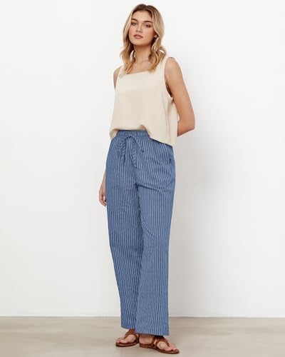 GRAPENT Flowy Pants for Women Boho Vacation Outfits for Women Linen Pants Summer Womens Casual Women's Casual Womans Denim Blue Stripe Size Small US 4 to 6 - Image 5