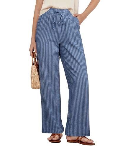 GRAPENT Flowy Pants for Women Boho Vacation Outfits for Women Linen Pants Summer Womens Casual Women's Casual Womans Denim Blue Stripe Size Small US 4 to 6 - Image 1