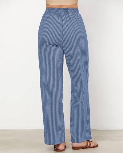 GRAPENT Flowy Pants for Women Boho Vacation Outfits for Women Linen Pants Summer Womens Casual Women's Casual Womans Denim Blue Stripe Size Small US 4 to 6 - Image 2